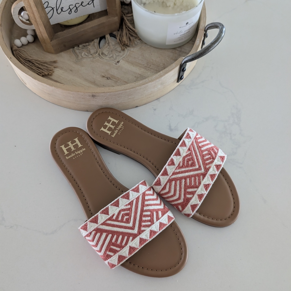 Haute Hippie Orange and Cream Aztec Slide On Sandals Size 9.5 - Picture 2 of 8